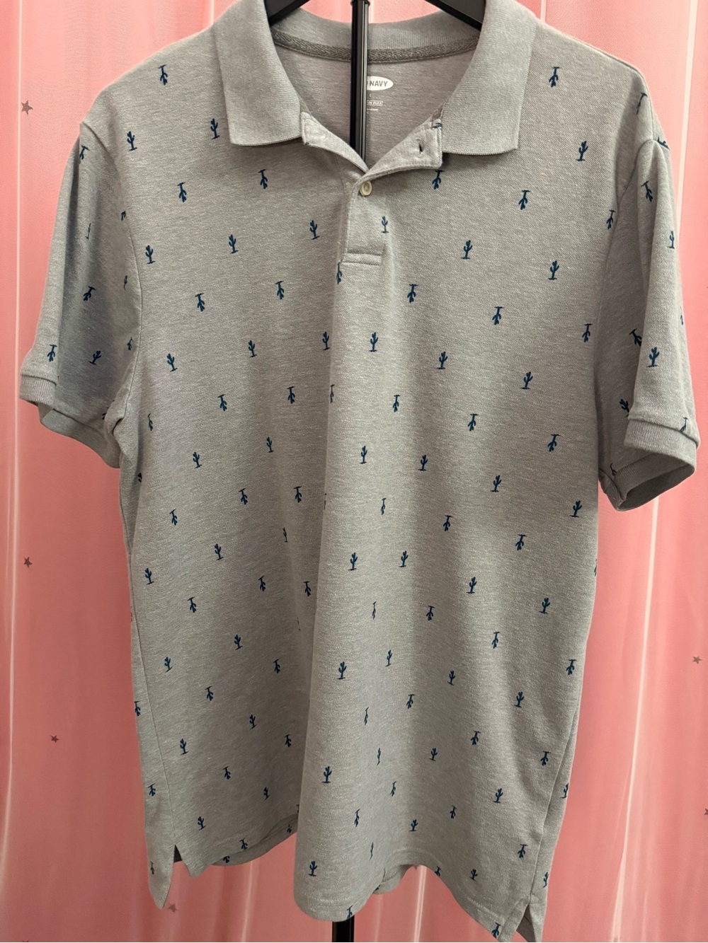 Grey Polo Shirt with Blue Cactus Micro-Print Men’s Size L